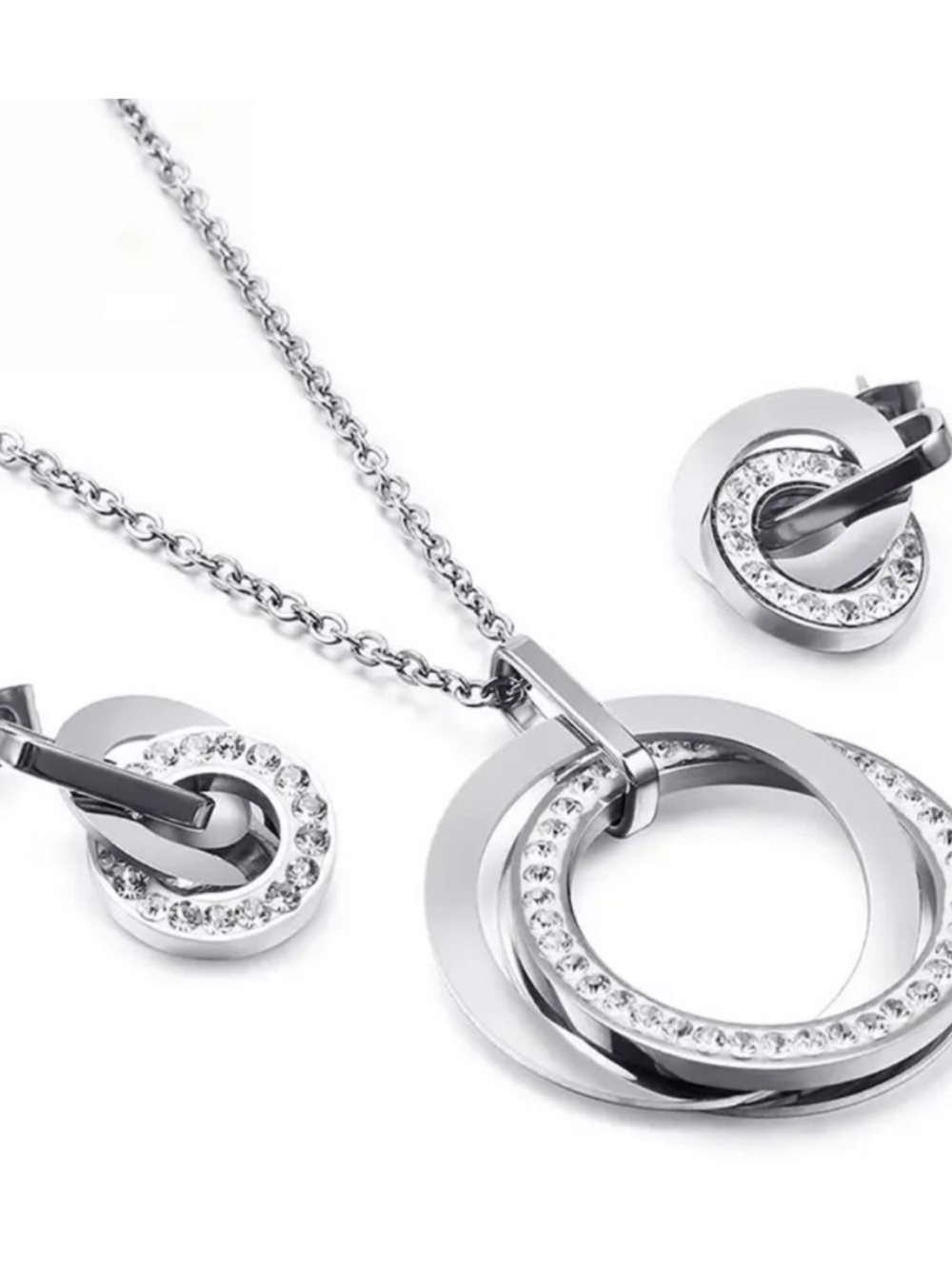 Silver Crystal Circle Pendant Necklace and Earring Set